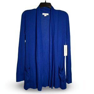 Liz Claiborne Cardigan Sweater Womens S Blue Open Front Ribbed Knit Pockets NWT